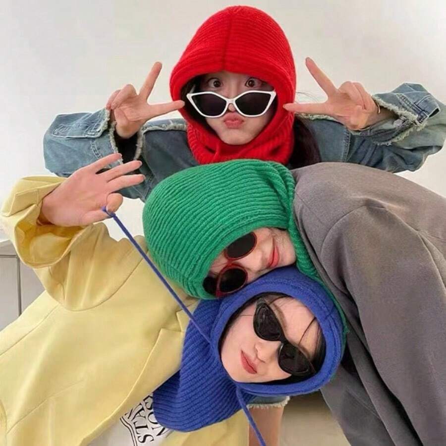 1pc Women's Drawstring Faux Collar Balaclava Hat, Wool Outdoor Ski Thermal Knitted Face Neck Protection Mask Cap Hood, Suitable For Winter Cold Protection - Red - View 1