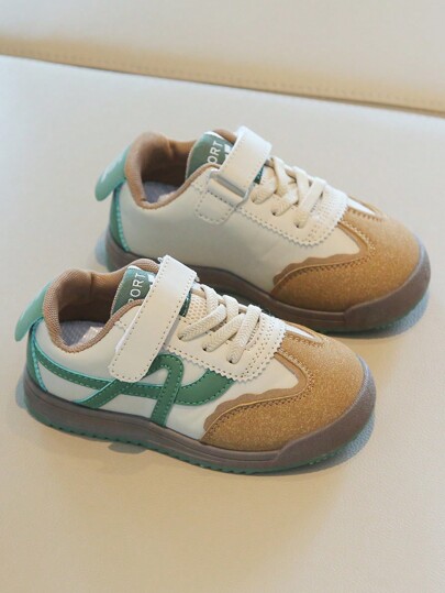 1 Pair Unisex Geometric Color Block PU Non-Slip Round Toe Low Top Hook And Loop Flat Casual Sneakers, Versatile Sports Shoes For Kids, Suitable For All Seasons