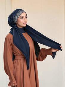 1 pieza/2 piezas Pañuelo musulmán de color liso con rhinestones para mujer, turbante de moda versátil adecuado para uso diario con vestido