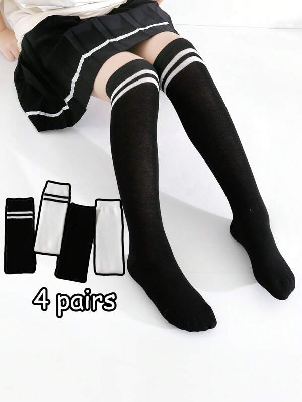 4 Pairs Girls Striped Over-The-Knee Socks, School Style, Suitable For Daily Wear, Back To School Season