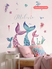 1 Stück Meerjungfrauenschwanz, Seetang, Cartoon Wandtattoo, anpassbarer Text Wandaufkleber, erstelle deinen Signaturstil & personalisieren Raum, Schlafzimmer Wohnzimmer Dekor Zuhause abziehbar, Material: PVC