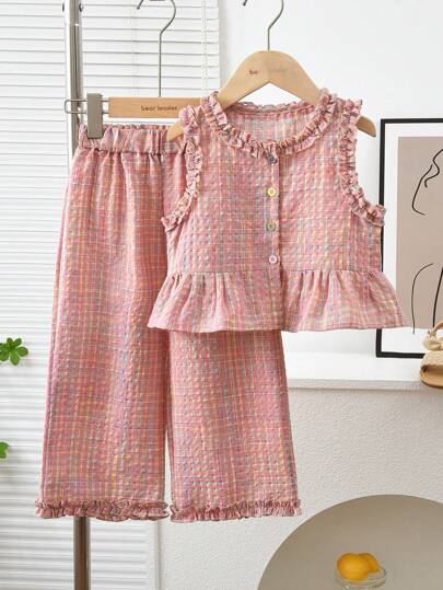 Young Girl Plaid Round Neck Ruffle Hem Tank Top And Loose Wide Leg Casual Pants Set