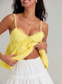 Women's Sweet Slim Camisole Spaghetti Strap Lace Trim V-Neck Flowy Hem Tank Tops - Yellow - View 6
