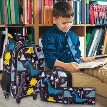 CCJPX 3 件装 S 滚轮背包、滚轮书包、带午餐袋的带轮书包 - 恐龙