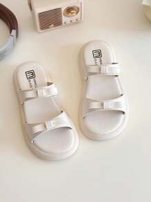 1 双女孩蝴蝶结简约时尚平底凉鞋，适合夏季 - 米色 - 查看 2