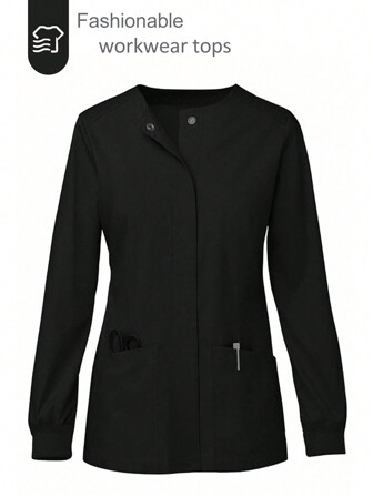 Women's Fitted Front-Zipper Scrubs Uniform Jacket With Pockets, Long Sleeve