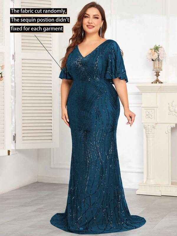 hezixi High Quality Stretch Sequin Plus Size V-Neck Short Sleeve Elegant Formal Gown Dress For Women, Suitable For Formal Party, Evening Banquet, Mother Of The Bride Dress (Embroidered Style),Wedding Guest