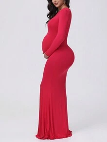 Vestido premamá de cuello redondo, vestido para fotografía - Burdeos - Ver 6