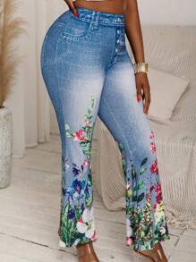 Women's Flared Denim Effect Floral Print High Stretch Pants, Fashionable & Casual
