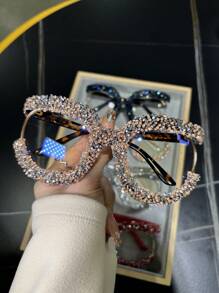 1pc Oversized Round Fashionable Glasses With Diamond Studded Half Frame, Personalized Multifunctional Glasses Frame, Transparent Glasses, Shiny Accessories - 無色 - 查看 7