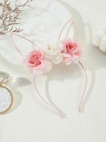 1pc Minimalist Coral Pink & White Lace Floral Easter Bunny Ear Headband