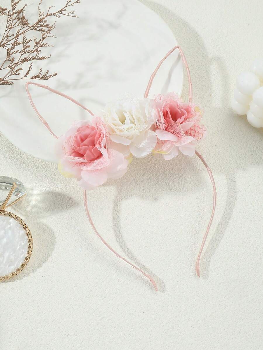 1pc Minimalist Coral Pink & White Lace Floral Easter Bunny Ear Headband