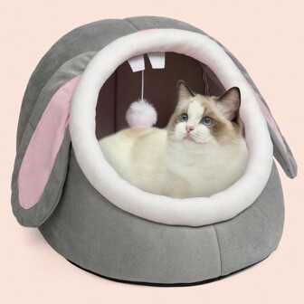  1 件 HOLLYPET 长耳兔子风格灰色宠物床，柔软舒适温暖短毛绒，适合小型猫狗，全年使用