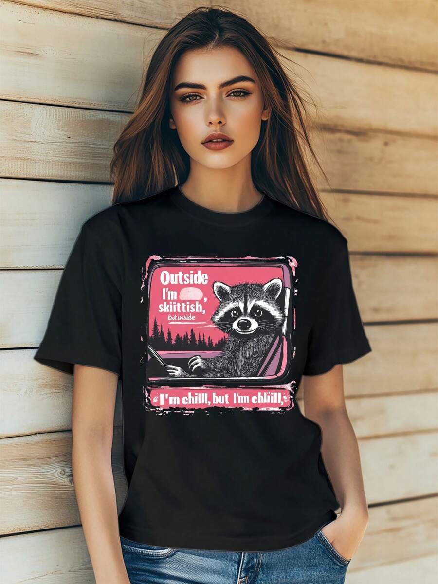 Women's  Raccoon Retro Modern Street Cartoon Cool Print T-Shirt Fashion Short Sleeve Round-Neck Slm Fit Tops Summer Casual Streetwear