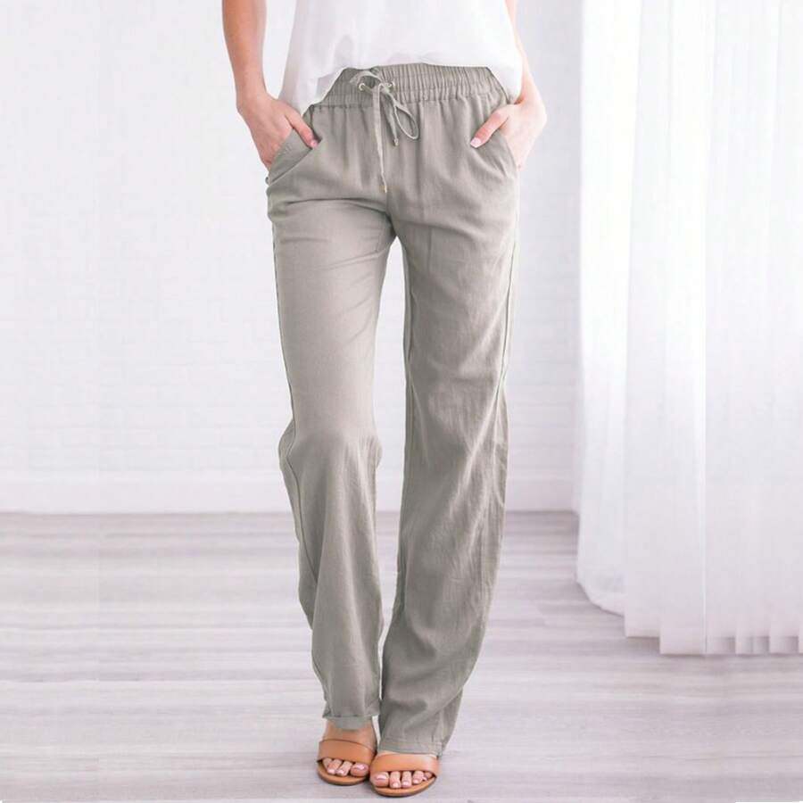 Linen Pants Women Summer Wide Leg Pants Drawstring Elastic Waist Wide Leg Pants High Waisted Lounge Pants Casual Yoga Beach Trousers With Pockets - Màu Xám nhạt - Xem 1
