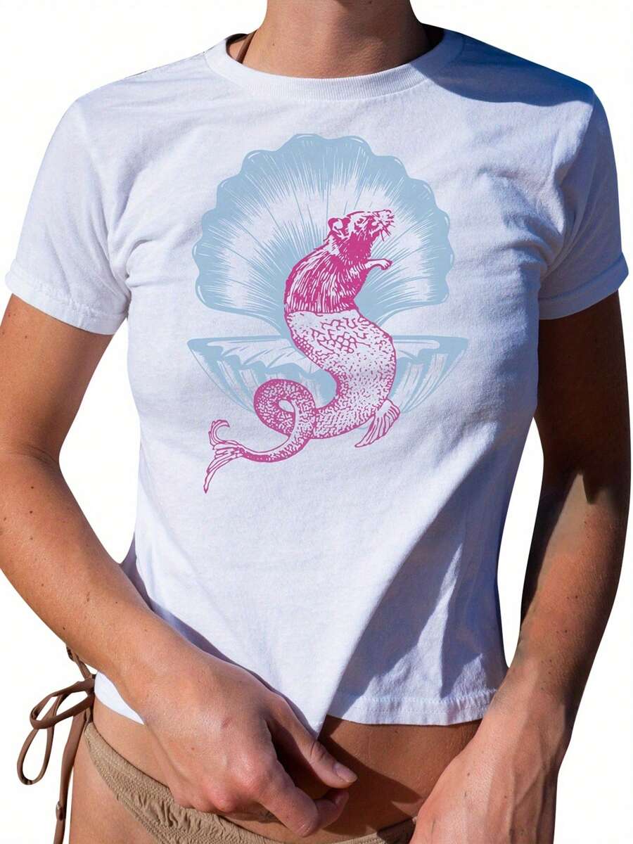 Women's Crop Tops Summer Short Sleeve Round Neck Sea Animal Print Baby Tees - Pink - View 1