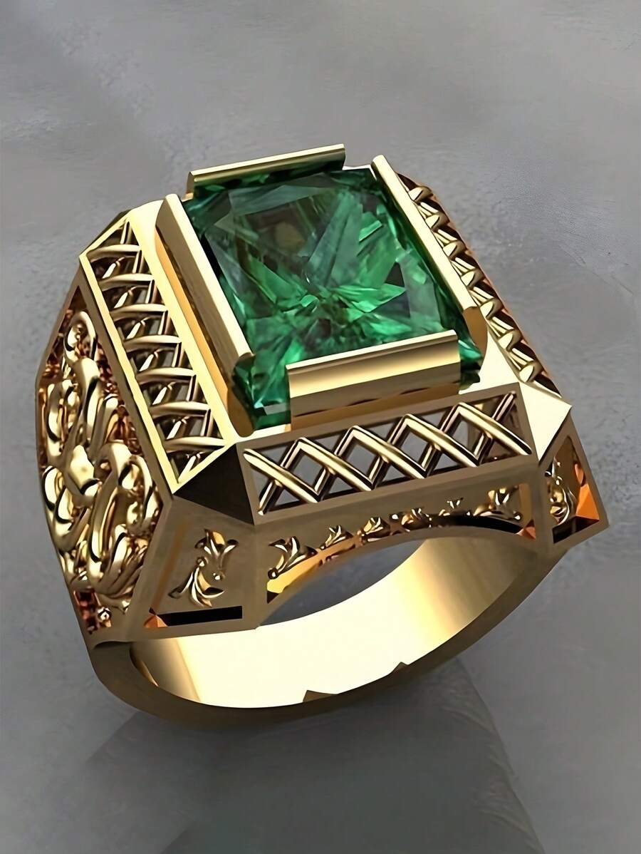 1 chiếc nhẫn Cubic Zirconia vuông sang trọng dành cho nam, quà tặng trang sức cho doanh nghiệp/đám cưới/đám cưới/tiệc tùng - Vàng - Xem 1