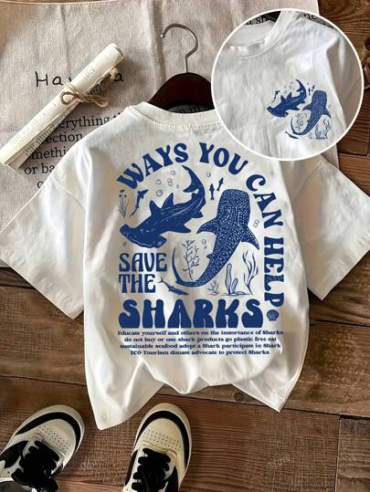 Women's Casual Round Neck Short Sleeve T-Shirt With Shark Print Protecting Ocean Design