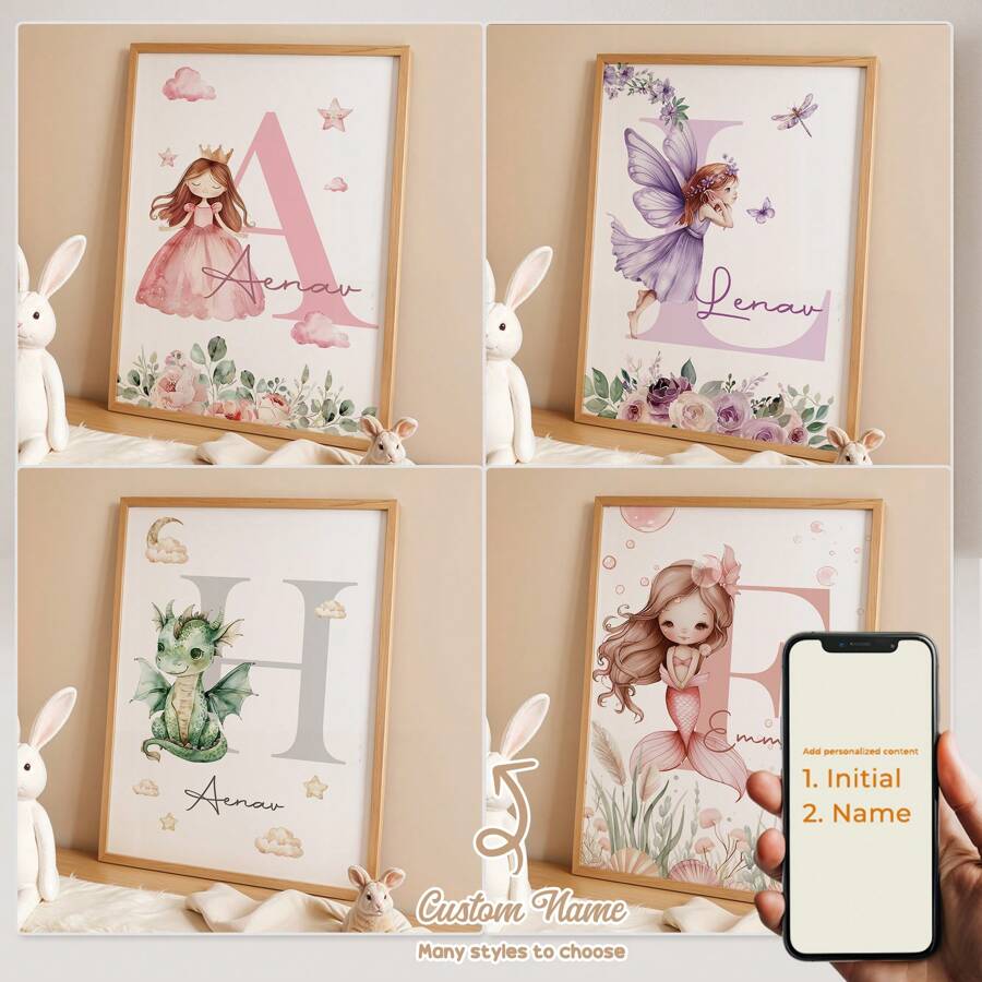 1 pièce Affiche sur canevas personnalisée Princesse/Sirène avec nom, Cadeau personnalisé Ours/Astronaute avec initiale, Affiche pour décoration de maison, Impression sur canevas pour salon, chambre à coucher, cadeau et décoration, sans cadre/avec cadre