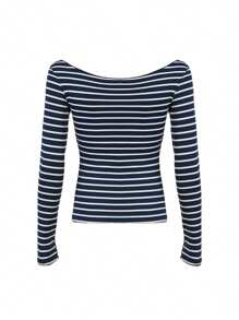 Women Y2k Vintage Off The Shoulder Tees Tops Fairy Grunge Striped Long Sleeve Boat Neck Casual Slim Fit T-Shirt Fall Spring Basic Tops Retro Streetwear Aesthetic Clothes - 藏蓝色 - 查看 5
