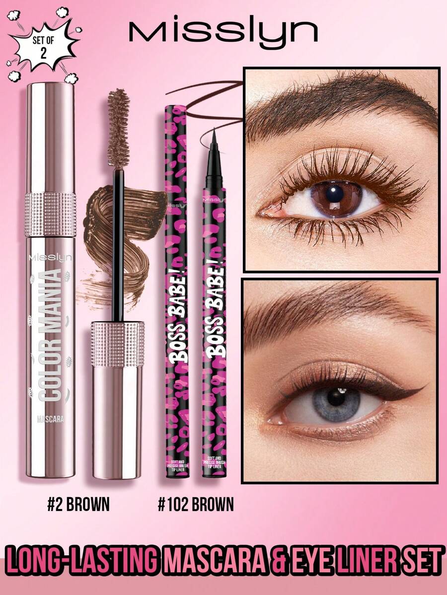 Misslyn Charming Eyeliner & Mascara Set,2 Pcs,BOSS BABE! Boom Black Boom Eyeliner, Waterproof Liquid Ink Eyeliner, Ultra-Pigmented & Waterproof, Creates Bold & Defined Lines, Available In 4 Intense Colors - #102+#2 - 查看 1