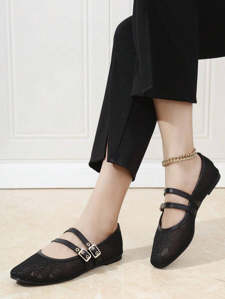 新款女士芭蕾网眼平底鞋，圆头，黑色和杏色，纯色透气休闲平底鞋，时尚舒适