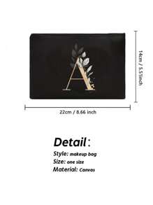 A Black Makeup Bag With The Initials A~Z Printed On It, Featuring A Green Leaf Pattern Print,Cosmetic Bag,Portable Wash Bag,Teacher's Day Gift, Reusable Makeup Bag, Women's Simple And Large Capacity Travel Makeup Bag