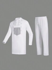 2pcs African Dashiki Outfit For Men, White Color With Geometric Embroidery, Long Sleeve Shirt With Side Slit, Elastic Waist Pants, Casual Streetwear Suit, Suitable For Party, Wedding, Cultural Events, Traditional Ceremonies - 白色 - 查看 3