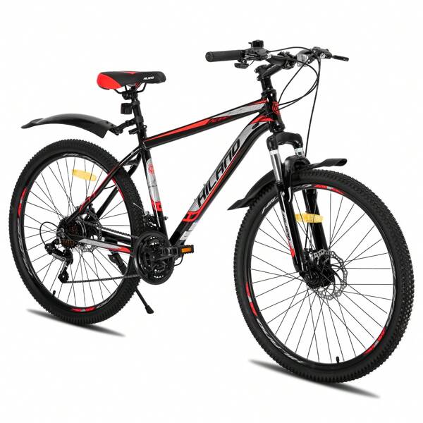 Hiland H200 26/27,5 Zoll Mountainbike, MTB mit Shimano 21-Gang, Scheibenbremsen, Gefederter Vorderradgabel & 6061 Aluminium Rahmen, Einteiliges Fahrrad für Männer und Frauen (Weiß, Schwarz+Orange & Schwarz+Rot)
