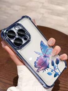 1pc New Rose Butterfly Electroplated Four-Corner Air Cushion Anti-Fall/Thick Transparent TPU Protective Case Compatible With Iphone/16PrMax/16Pro/16/13ProMax/12ProMax11, 15PROMAX, 14PROMAX/Galaxy, SAM/Honor/Note13Pro/S23 Ultra/S24 Ultra/S25/A56 - Baby Blue - View 2
