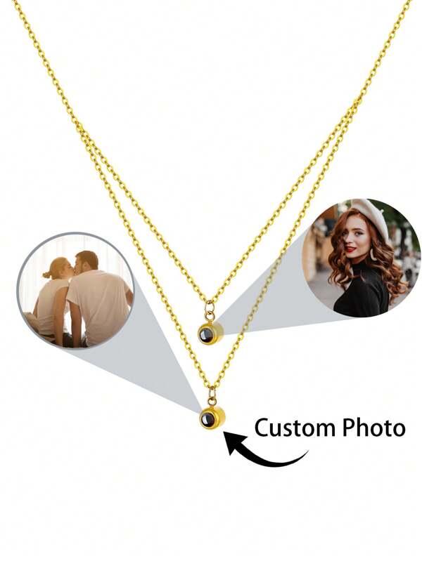 Collana con ciondolo personalizzato in acciaio inossidabile a doppio strato con proiezione foto, regalo per San Valentino, amici, coppie, fidanzata, moglie, madre, oro, elegante, colorato, vintage, unisex, hipster, semplice, casual, personalizzato, unico, regalo ideale per lui, regalo ideale per lei, lui, fidanzato, fidanzata, papà, mamma, famiglia, amici, per anniversari, per compleanni, per laurea, per feste, gioielli d'oro