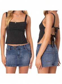 Women Tie Back Camisole Slim Dot Print Square Neck Backless Crop Cami Tops Summer Streetwear - 黑色 - 查看 4
