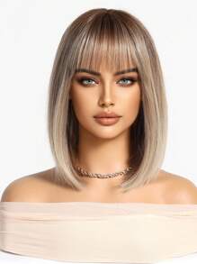 14 Inch Ombre Brown And Black Blond Wigs For Women Short Straight BOBO Wigs With Bangs Synthetic Heat Resistant Wigs Stylish Fashionable Wigs, Synthetic Fiber Hair Replacement Wigs For Women Girls For Daily Party Cosplay Taking Photos Use - 漸層 - 查看 2