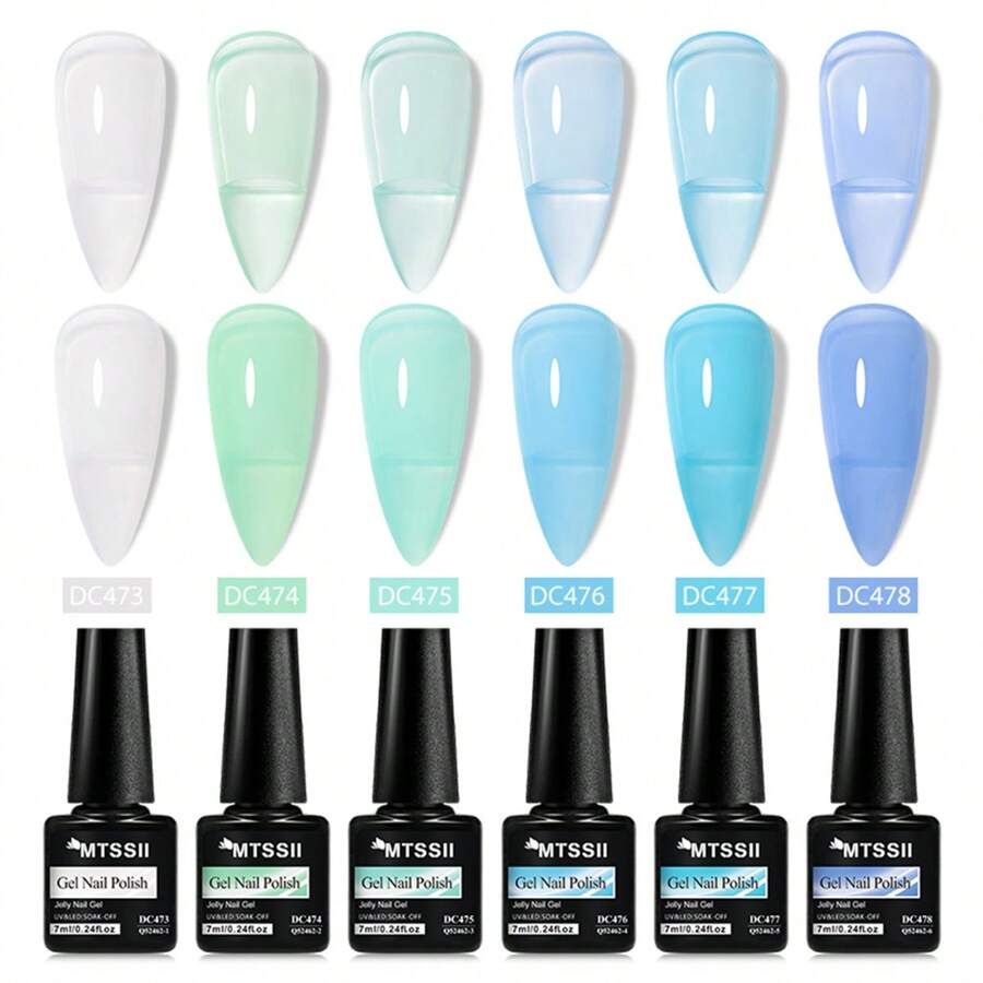 Mtssii 6pcs Macaron Jelly Gel Nail Polish Set Crystal Translucent Candy Color Semi Permanent Varnish Nail Art Soak Off UV LED Gel Polish For Summer Manicure Home Salon