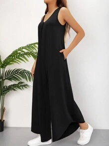 少女宽松休闲连体裤，带口袋