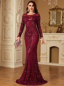 hezixi Đầm đuôi cá lưới đính sequin thanh lịch, đầm dự tiệc, đầm dự đám cưới, đầm dạ hội, đầm mùa xuân. - Màu Đỏ Sâu - Xem 5