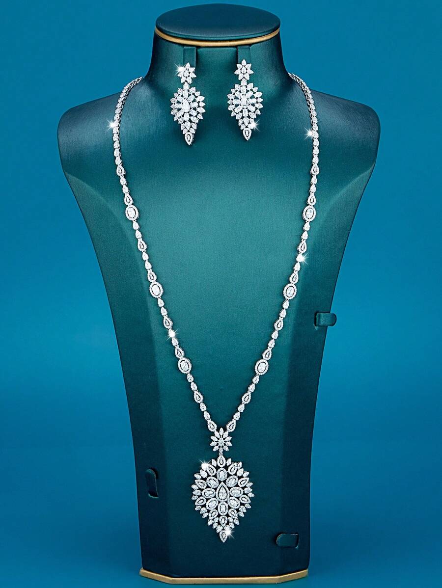 DV JEWELRY 3pcs Set Platinum Plated Zirconia Jewelry Set - Necklace & Earrings, Elegant For Women, Gift For Party, Anniversary