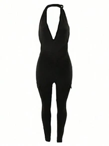 Combinaison moulante sexy avec poches pour femmes, sans manches, dos nu, col montant, couleur unie, pour l'été, le printemps et l'automne