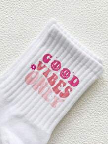 1 Pair Cartoon Smiling Face & "Good Vibes Only" Letter Pattern Light Blue Women Ankle Socks, Suitable For Valentine's Day And Autumn Wear - Multicolor - View 3
