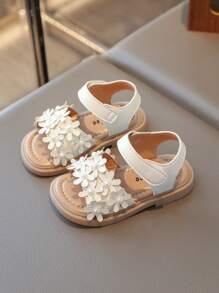 1 para dziewczęcych sandałów PU Pearl Hook & Loop Strap Flat Cute, odpowiednich na lato