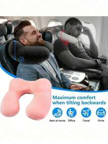 Eye Mask, Earplugs, Anti-Noise And Anti-Brightness Neck Pillow Travel Pillow Compact Neck Pillow Ergonomic Headrest With Velvety Soft Washable Cover For Camping, Travel, Plane, Train, Car, Office - Pink - View 2