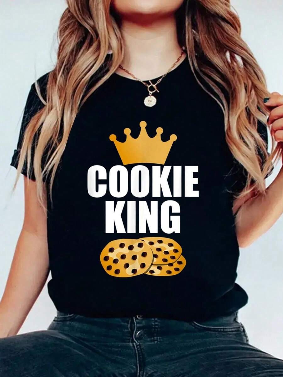 Cookie King Tshirt Food Lover Chocolate Chip Baker Bday Gift Comfortable T-Shirt Print Cotton T Shirt For Summer, Women's Soft Short Sleeve Top, Stylish Comfy Tee For Women Graphic Tees - Black - View 1