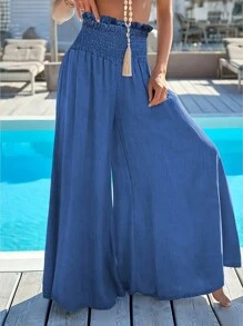 Women's Bohemian Style Loose Solid Color Wide Leg Pants, Comfortable And Versatile, Spring/Summer - Blue - View 1
