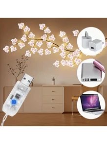 1pc Cherry Blossom Branch USB Power Supply Light, 230cm/7.54ft, LED Dress Up String Lights, Push Button Control 8 Modes, Realistic Artificial Flowers, Suitable For Spring/Summer Indoor/Outdoor Decorations, Weddings, Valentine's Day, Christmas