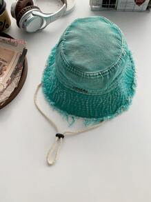 1pc Frayed Denim Bucket Hat, Vintage Washed Asymmetrical Style Patchwork Denim Bucket Hat, Streetwear Fashion Letter Logo Cap