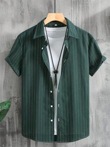 Men's Spring/Summer Striped Short Sleeve Casual Shirt - Dark Green - View 1