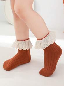 3 pares de calcetines cortos de color liso con ribete de encaje para niñas, para todas las estaciones - Multicolor - Ver 7