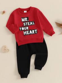 Toddler Baby Boy Valentines Outfit Long Sleeve Steal Your Heart Shirt With Pants 2Pcs Kids Baby Boy Red Outfits - 紅色 - 查看 4