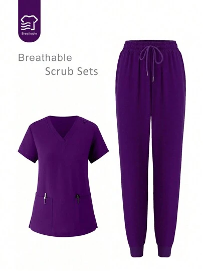 女士手术服，柔软弹性慢跑护士工作服，带口袋的透气手术服