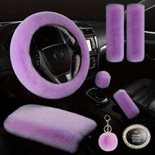 8-Piece Combination Pink Goddess Plush Car Steering Wheel Cover, Rex Imitation Rabbit Fur Fluffy Steering Wheel Cover, Classic And Fashionable Car Steering Wheel Protection Cover,Purple Car Accesaories - one-size - View 12